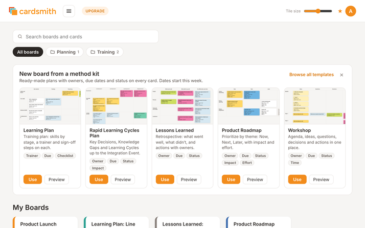 The method kit strip on the Cardsmith home screen, with Learning Plan, Rapid Learning Cycles Plan, Lessons Learned, Product Roadmap and Workshop boards to start from.