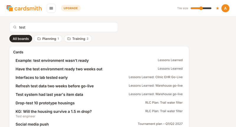 Search on the Cardsmith home screen, finding cards that mention testing across several boards.